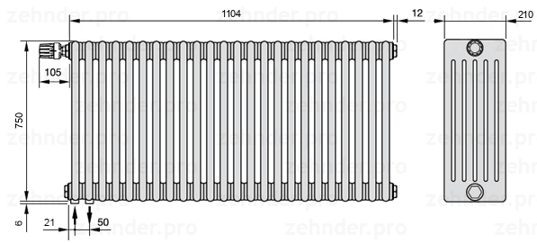 Схема (чертеж) Радиатор Zehnder Charleston 6075/24 №V001 Белый глянцевый RAL 9016